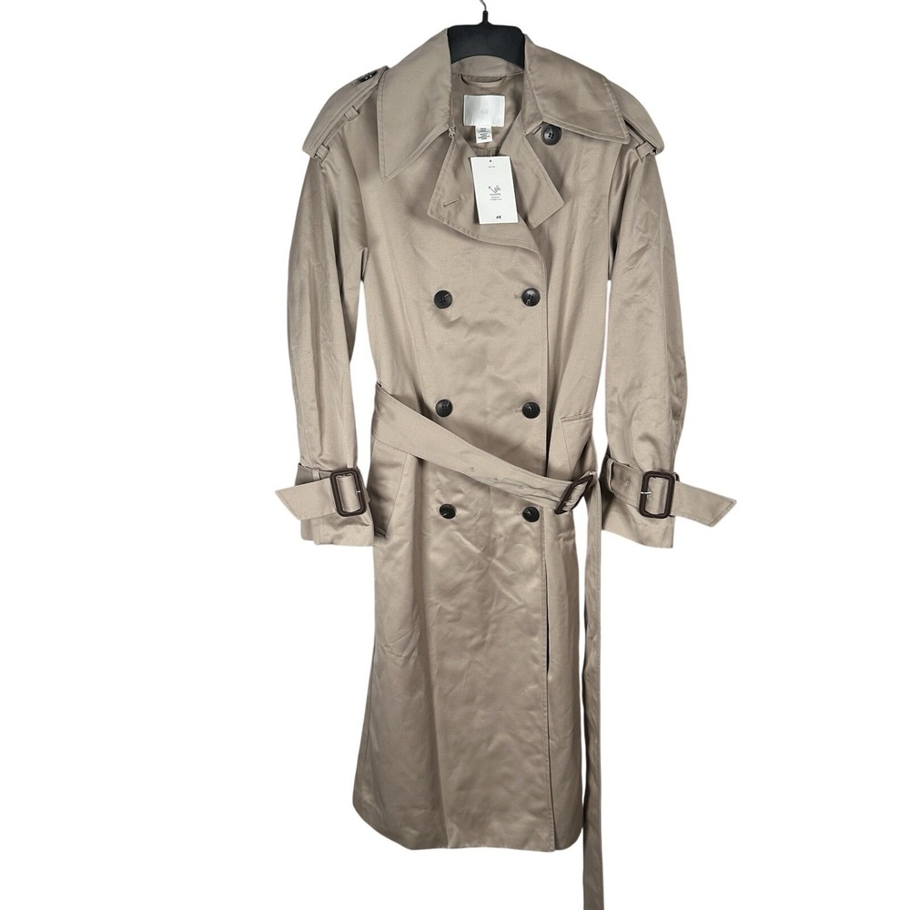 NEW H&M Trench Coat Womens XS Beige Khaki Double Breasted Belted Long $139MSRP